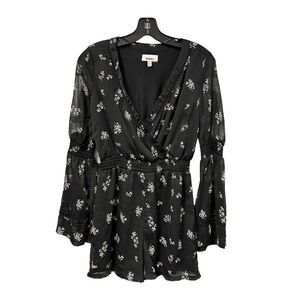 Vintage Bongo Romper Womens S V-Neck Flowy Sleeves‎ Elastic Waist Black Floral